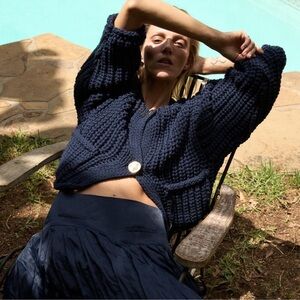 Zara chunky navy knit sweater with gold buttons